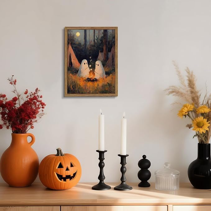 Framed Vintage Halloween Wall Art, Camping Ghosts Cozy Fireplace Canvas Prints, Gothic Whimsigoth Decor Cute Spooky Poster, Farmhouse Halloween Wall Decor, Ready to Hang 12x16in Wood Frame