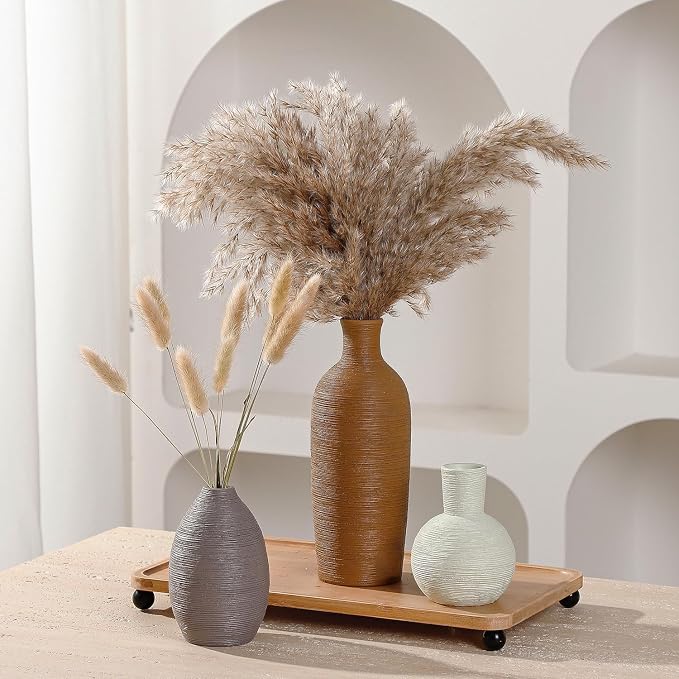 Ceramic Vases Set of 3 Modern Rustic Farmhouse Home Decor | Pottery Decorative Flower Vases for Pampas Grass Dried Fresh Flowers, Living Room, Table Centerpiece, Shelf, Mantel