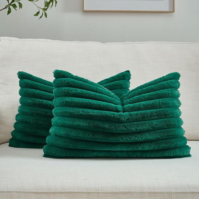 FUTEI Pack of 2 Faux Fur Throw Pillow Covers 12x20 Inch, Emerald Green | Fluffy Faux Rabbit Fur Front/Premium Velvet Back,Hidden Zipper,Machine Washable,Non-Shedding,Colorfast,Insert Not Included.