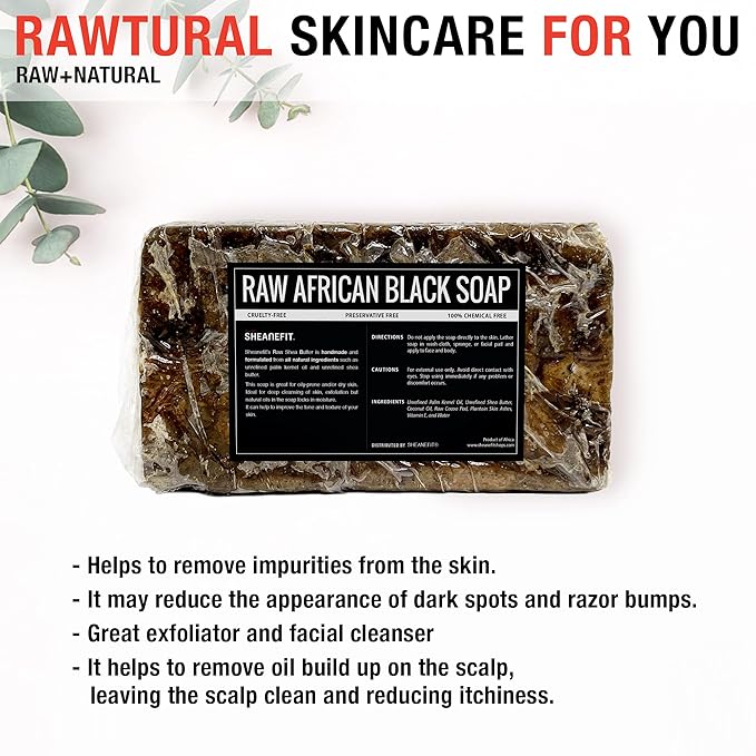 Sheanefit Raw African Black Soap Bar - For All Skin Types - Face, Body, Hair Soap Bulk Bars (15 Ounce (Pack of 5))