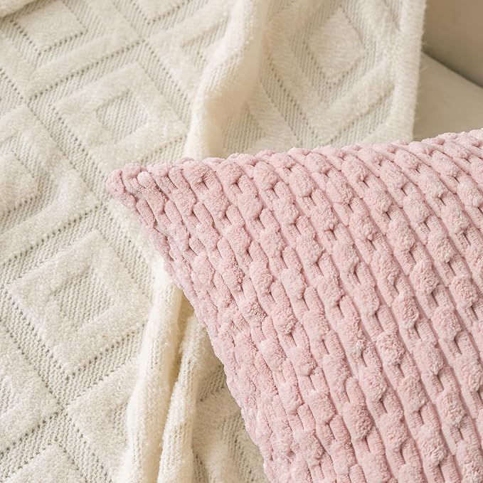 Set of 4 Pink Beige White Decorative Throw Pillow Covers 18x18 Inch Corduroy Pillow Covers for Bed Couch Sofa Living Room Soft Square Cushion Cases