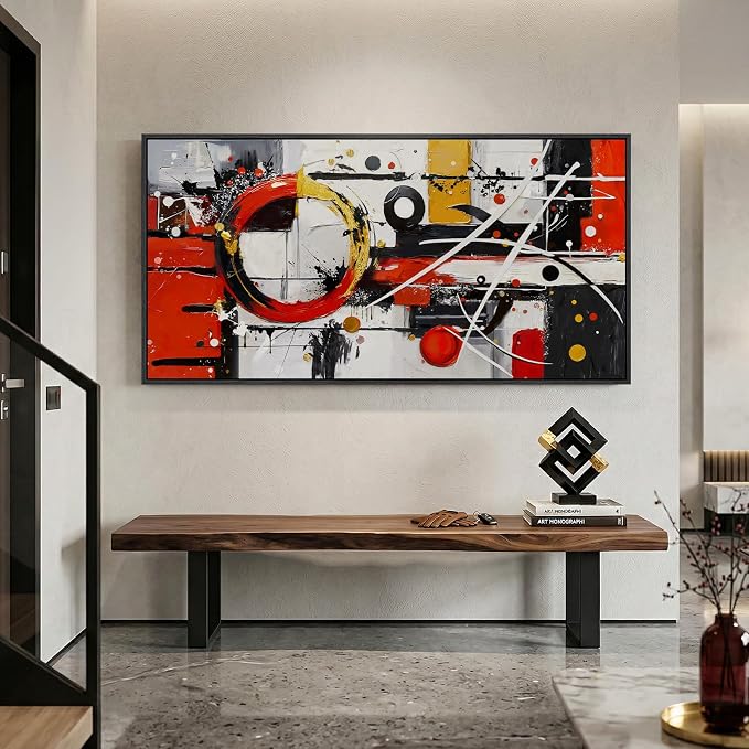 Large Framed Abstract Wall Art for Living Room, Black and White Gold Horizontal Canvas Prints Piantings Artwork for Walls, Red and Black Modern Pictures Wall Decor for Bedroom Office Entryway 30x60 In