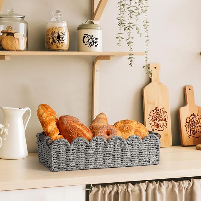 Bathroom Decor Basket for Toilet Paper Storage Baskets For Organizing | For Bedroom Living Room Kitchen Home Decor Scalloped Cute Basekt With Handle for Apartment Countertop,Gray