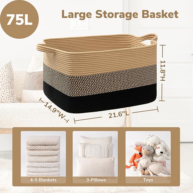 Goodpick Large Woven Blanket Basket, Rectangle, Black Jute, 75L | 21.6'' x 14.9'' x 11.8'' Wicker Storage Basket for Blankets & Toys, Living Room & Bedroom Organization, Reinforced Handles