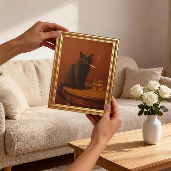 ICHZUMW Gold Framed Funny Black Cat Whiskey Vintage Canvas Wall Art 8x10 In | Funny Cat Smoking Cigarette Picture, Quirky Animal Bar Wall decor, Bathroom Man Cave Bedroom, Fade Resistant, Ready to Hang
