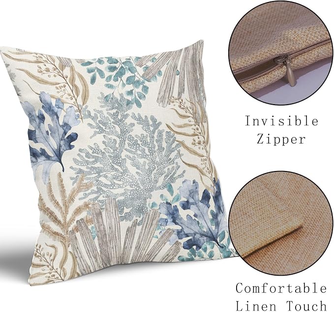 Nautical Coastal Beach Coral Pillow Covers 16x16 Inch Set of 2 Summer Ocean Beach Themed Decorative Pillow Cases Outdoor Linen Square Cushion Cover Farmhouse Decor for Bedroom Home Sofa Couch Bed