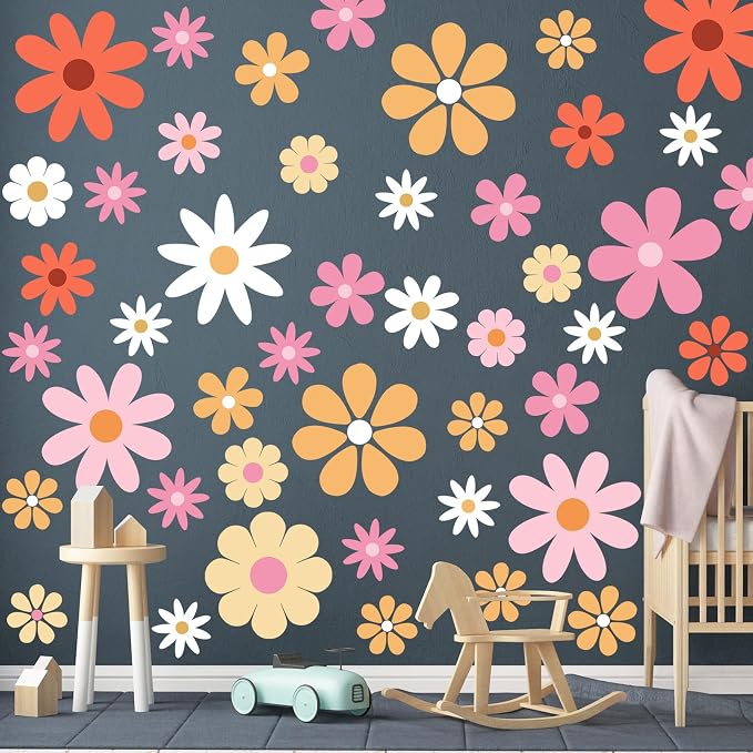 TaoBary 12 Sheet Daisy Wall Sticker Decal,Bright Color,Bright Style | Big Flower Wall Sticker, Pink White Floral Decal, Daisy Bedroom Room Decor, Removable Peel and Stick, Nursery Home Wall Decor