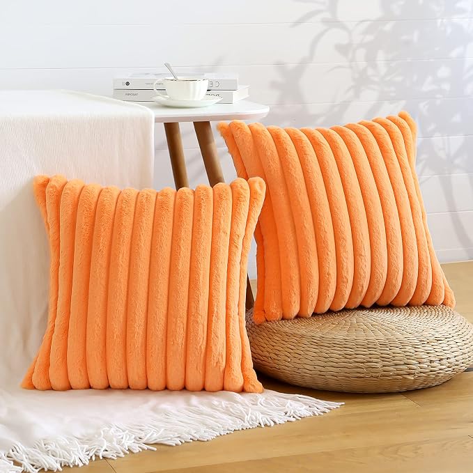 Soleebee Set of 2 Throw Pillow Covers Soft Cozy Velvet Pillowcase Faux Rabbit Fur Cover for Couch Sofa Bed Chair Home Decorative Pillows Cover (18x18 Inch, Orange)
