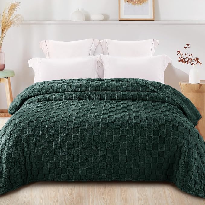 Exclusivo Mezcla 3D Checkered Fleece Queen Blanket for Bed, Green | Super Soft and Cozy Fluffy Blanket, Lightweight, Breathable, Decorative Blanket for Living Room, Bedroom, All Season, 90"x90"
