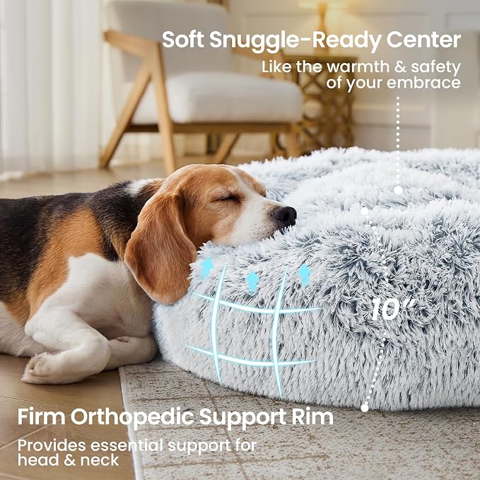 JOLLYVOGUE Calming Dog Beds Extra Large Sized Dog, 45in Donut Washable Large Pet Bed, Anti-Slip & Anti-Anxiety Fluffy Faux Fur Round Dogs Bed, Fits up to 125 lbs Pets (Smoke Grey)