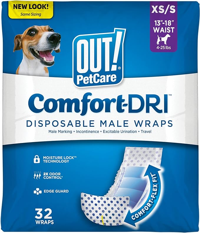 OUT! PetCare Male Dog Diapers, Disposable Belly Bands, XS/S, 32 Count | Dog Belly Bands, Potty Training, Incontinence Support, Leak Proof, Disposable Wraps, Male Wrap, Puppy Essentials, Dog Wrap