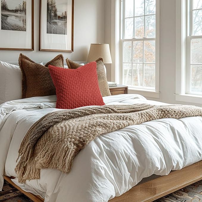 Softalker Corduroy Decorative Throw Pillow Covers 18x18, Set of 2, Red | Soft Boho Striped Pillow Cases, Couch Fluffy Cushion Covers for Farmhouse Home Decor Bed Living Room