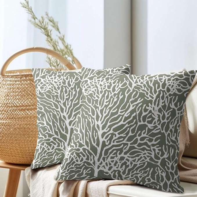 Nautical Coastal Coral Pillow Covers 16x16 Inch Set of 2 Summer Ocean Beach Sage Green Decorative Pillow Cases Outdoor Linen Cushion Cover Farmhouse Decor for Bedroom Home Sofa Couch Bed