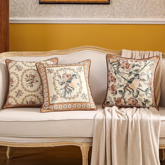 patdrea French Vintage Linen Pillow Cover,Diameter 16"-ParkerEstate D | Decorative Pillow Case with Zipper,Bird and Floral Pattern,Cushion Coverfor Couch Living Room Bedroom Sofa