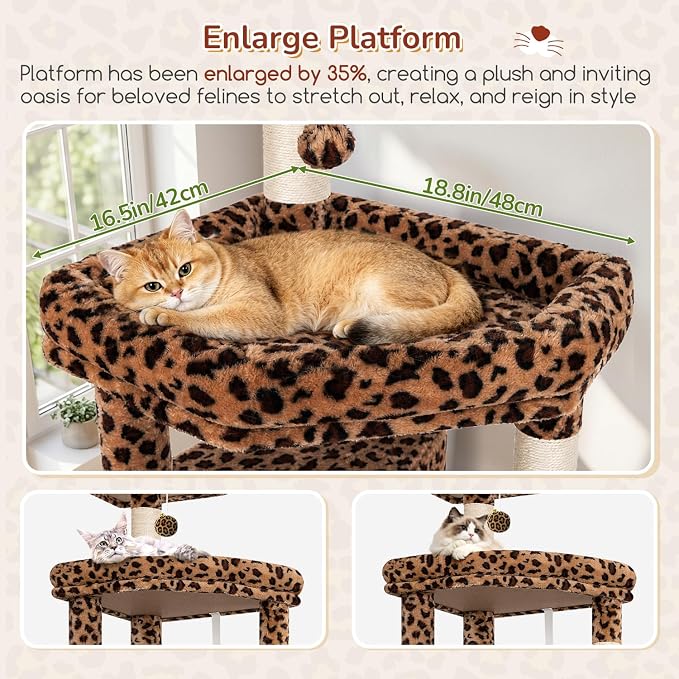 Globlazer Large Perch Leopard Cat Tree, 65in Sturdy Cat Scratching Tree for Indoor Cats Large Adult, Big Cat Tower with 3 Padded Perches, 6 Scratching Posts, Cat Condo, Hammock, S65, Leopard Print