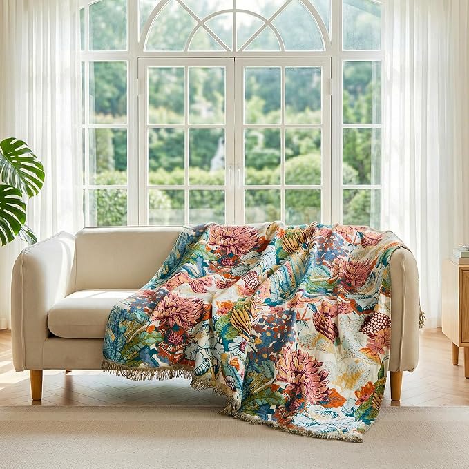 LUTBM Boho Throw Blanket for Couch 50"x60", Cotton Decorative Bed Throw | Reversible Botanical Floral Jacquard, All-Season, For Chair Sofa Living Room, Lightweight & Breathable Throws, Home Decor