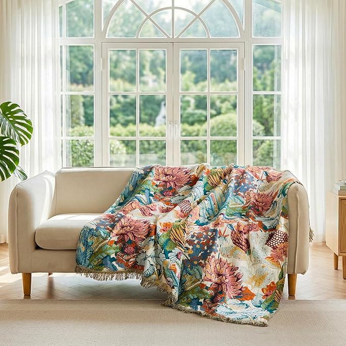 LUTBM Boho Throw Blanket for Bed 60"x80", All Season Cotton Couch Blankets | Reversible Botanical Floral Jacquard, Lightweight Breathable Twin Quilt, For Chair Sofa Living Room Bedroom, Home Decor