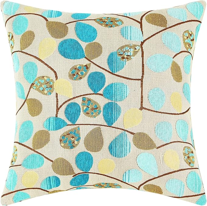 CaliTime Decorative Throw Pillow Covers 20 X 20 Inches Ecru Teal | Luxury Chenille Cute Leaves Cushion Case Shell for Couch Sofa Bed Living Room Home