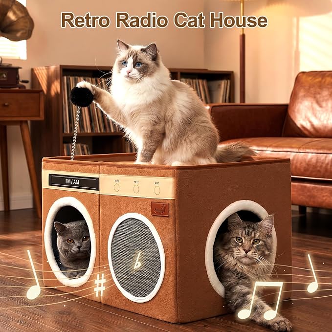 Retro Radio Cat House, Large Foldable Cat Bed Indoor Cat Cave | Spacious Multi-Cat Sleeping Hideaway Pet Nest, Non-Sticky Fur Fabric, Scratch Pad & Bendable Antenna Ball 13×19.7×15.8 Inches