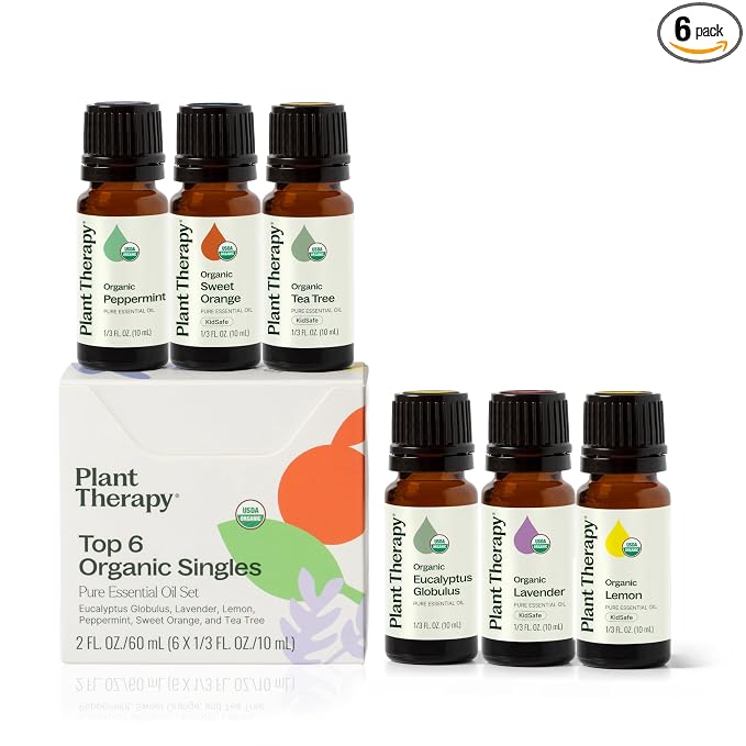 Plant Therapy Top 6 USDA Organic Essential Oil Set - Lavender, Peppermint, Eucalyptus, Lemon, Tea Tree 100% Pure, Natural Aromatherapy, for Diffusion & Topical Use, Therapeutic Grade 10 mL (1/3 oz)