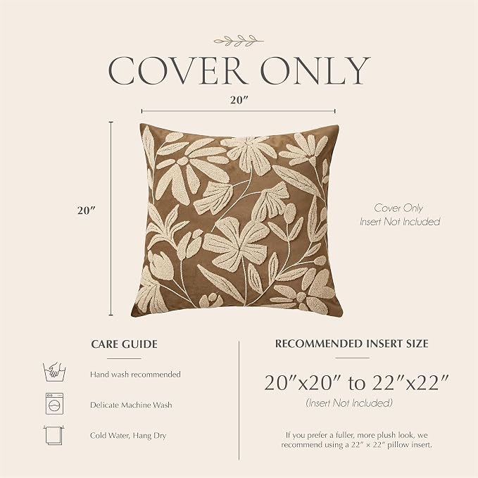 20x20 Throw Pillow Cover, Square Brown Decorative Cushion Cover for Couch Sofa, Embroidered Velvet Farmhouse Accent Pillowcase (Cover Only)