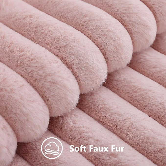 decorUhome Fall Faux Fur Throw Pillow Covers 12x20 Set of 2 Pink | Decorative Soft Cozy Striped Plush Modern Farmhouse Boho Couch Pillow Cases Velvet Back for Sofa Bed Living Room Home Decor