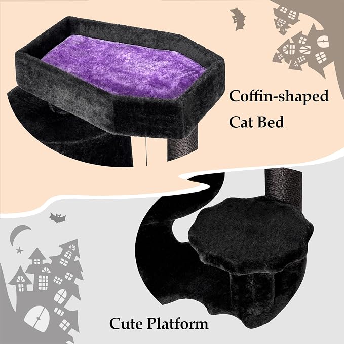 BEWISHOME Cat Tree for Indoor Cats, Gothic Cat Tree with Coffin Bed | Goth Cat Tree Tower with Scratching Posts/Board, Cat Condo/House/Shelves for Kittens, Spider Toy, Black and Violet Small