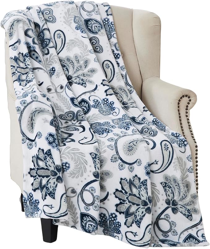Soft Fleece Throw Blanket, Blue Grey Paisley Boho Damask, 50x70, Oversized | Hues of Gray & Navy in Elegant Floral Design, Accent For Living Room or Bedroom on Sofa Couch Bed Chair