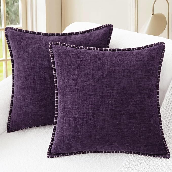 CaliTime Decorative Couch Throw Pillow Covers 26 X 26 Inches Plum Purple | Pack of 2, Cozy Chenille Cushion Cases, Cotton Thread Stitching Edges, for Sofa Bed Living Room Farmhouse