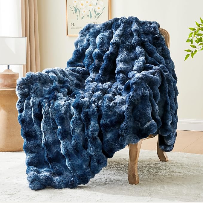 BEDELITE Faux Fur Throw Bubble Blanket for Couch, 60" x 80", Tie-Dye Blue | 870GSM Soft Cozy Plush Blanket for Sofa & Bed Living Room Decor, Warm Fuzzy Faux Rabbit Fur for Women Gift, All Season Use