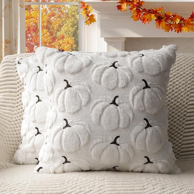 Fall Pumpkins Decorative Pillow Covers 20x20 Set of 2, White Soft Plush Faux Fur Wool Farmhouse Throw Cushion Cases for Autumn Thanksgiving Holiday Home Decorations
