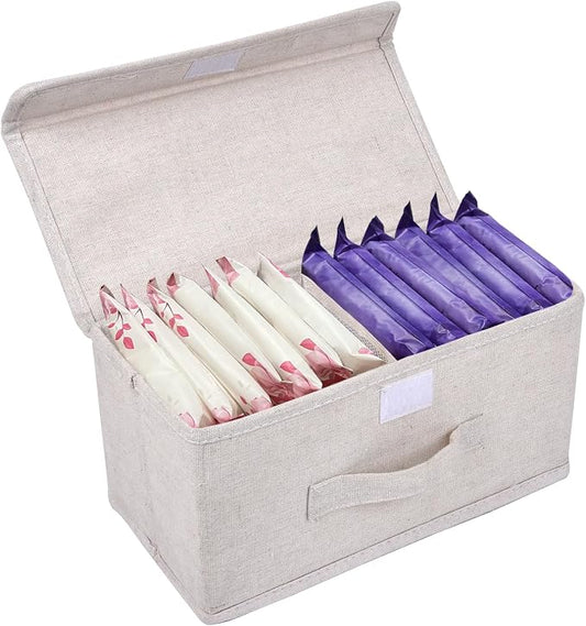 Pad Holder for Women Bathroom,Sanitary Napkin Holder, Pad and Tampon Holder for Bathroom, 2 Compartments Pad and Tampon Organizer, Fabric Pad Holder for Period, White