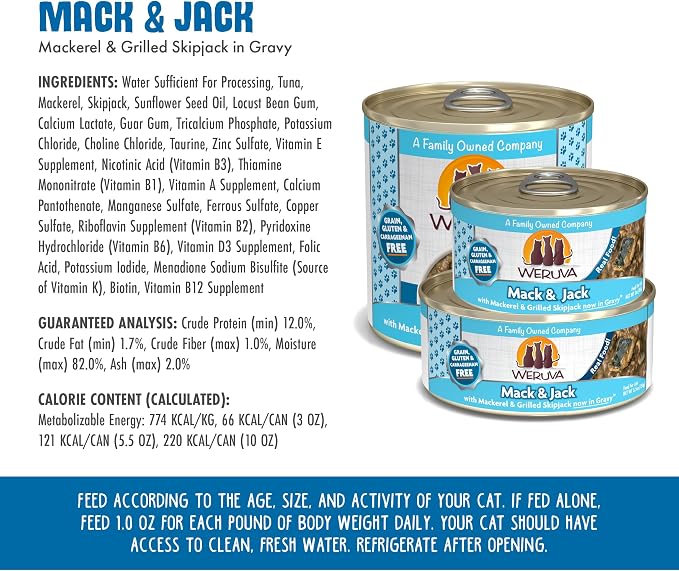 Weruva Classic Cat Food, Mack & Jack with Mackerel & Grilled Skipjack in Gravy, 3oz Can (Pack of 24)