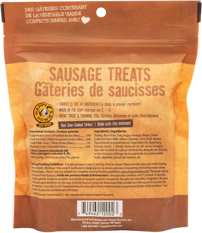 Happy Howie's Sausage Treats, Healthy Dog Treats, Turkey, (Pack of 1) | Flavorful, Slow Cooked, Natural Ingredients, Chewy, Hormone Free