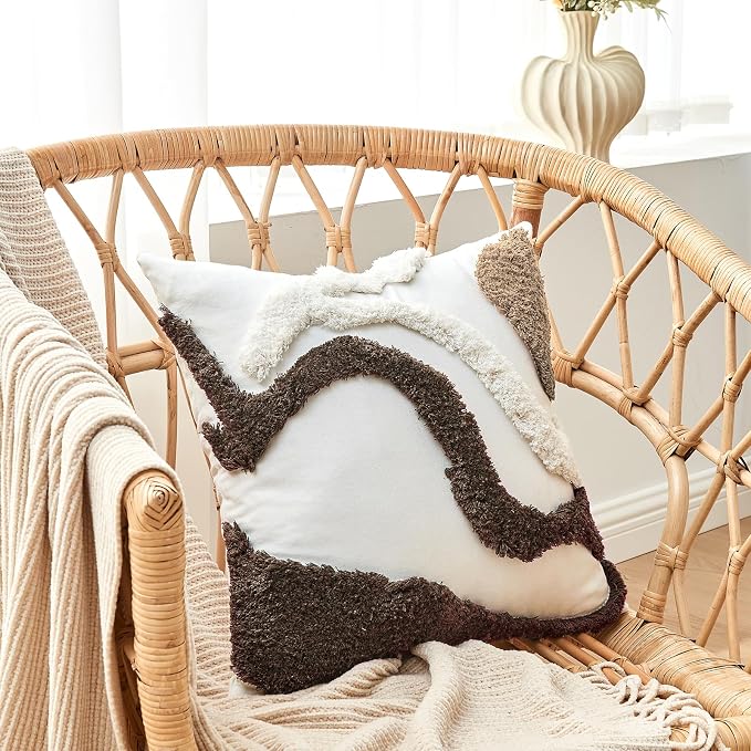 lifein 18x18 Pillow Covers-Throw Pillow Covers Boho Couch Pillows Embroidered Decorative Accent Pillows Mid Century Textured Pillowcases for Couch Sofa Living Room Bed (Brown and Cream)