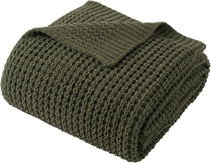 Olive Green Throw Blanket for Couch, Waffle Knit Blanket Throw 60"x80" | Chunky Chenille Throw Blanket, Soft Dark Green Throw Blanket for Home Decor, Sofa, Men, Modern Farmhouse Knitted Style