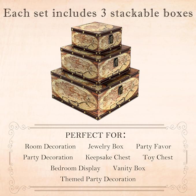 Jolitac Wooden Storage Box Set of 3, Antique-Looking Storage Containers with Secret Compartments Vintage Nesting Keepsake Chests for Jewelry, Cash, Photos Travel-Friendly & Stackable (Map)