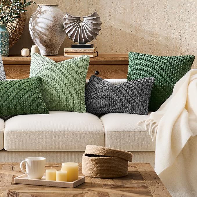 Kevin Textile Soft Corduroy 12"x20" Lumbar Pillow Cover 1 Pack, Dark Green | Boho Stripe Plush Corduroy Decorative Oblong Cushion Cover Modern Farmhouse Home Decor for Sofa Couch Bed Chair