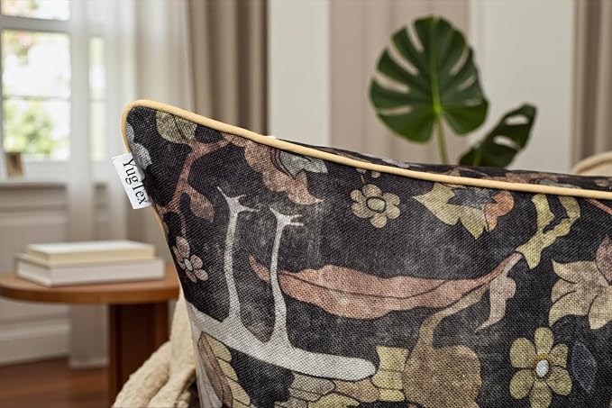 Bird Floral Print 14x36 Extra Long Lumbar Pillow Cover, Charcoal | Folk-art birds and blooms on charcoal slub, muted gold piping; both sides printed; hidde; cover only