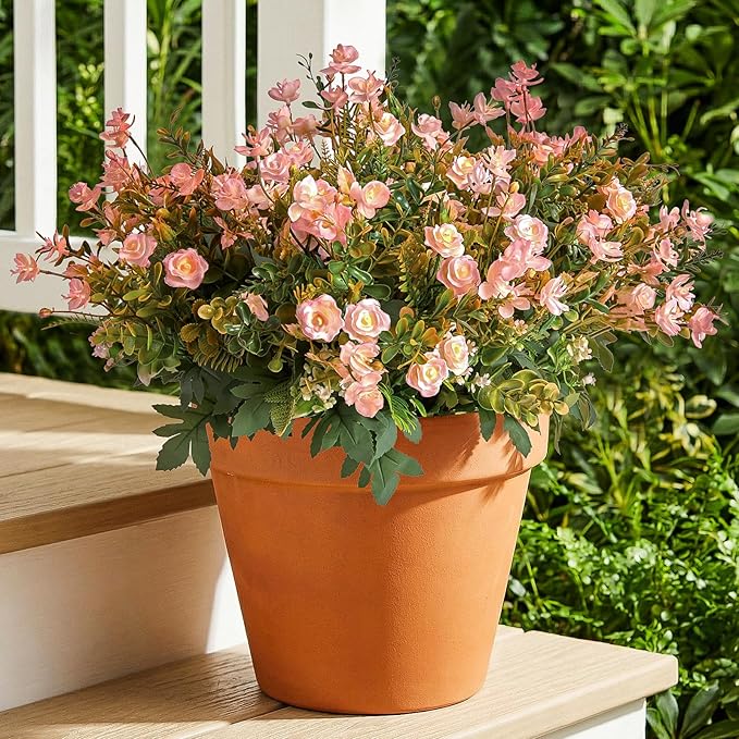 RM ROOMERS Artificial Flowers Plants for Outdoors, Fake Flowers Pink Rose | Pink Mini Rose UV Resistant Faux Flower for Garden Porch Windowbox Front Door Yard, No Fade Home Vase Decor (4 Bundles)
