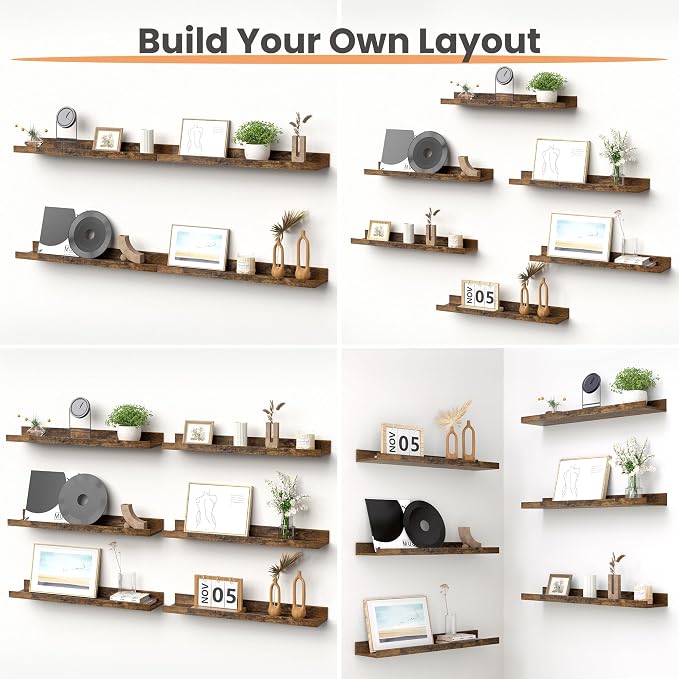 upsimples Floating Shelves for Wall Decor and Storage, Brown, 6Pcs 23.6'' | Wall Mounted Wood Shelves for Living Room, Bedroom, Bathroom, Kitchen, Office, Nursery Room, Coffee Bar Display and Organize