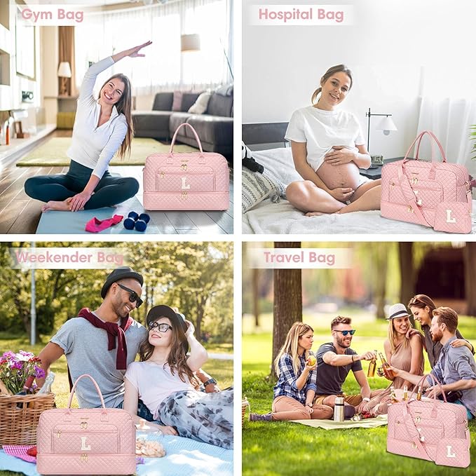 Initial Travel Duffle Bag for Women - Pink Personalized Weekender Bags Overnight Bag with Shoe Compartment & Wet Pocket Weekend Tote Bags with Toiletry Bag Monogram Xma Gifts (Letter L)