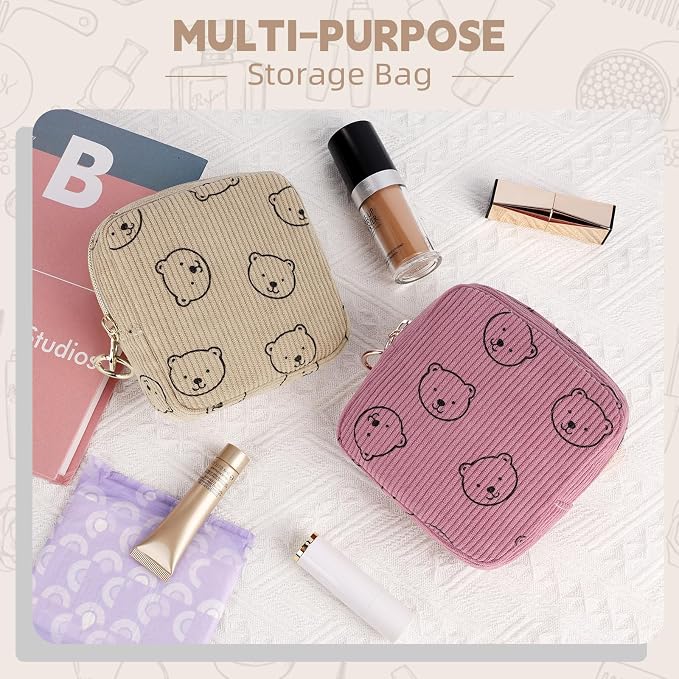 Period Bag for Teen Girls, Corduroy Sanitary Napkin Storage Bag, Menstrual Pad Pouches Tampon Holder for Purse (Bears-Khaki)