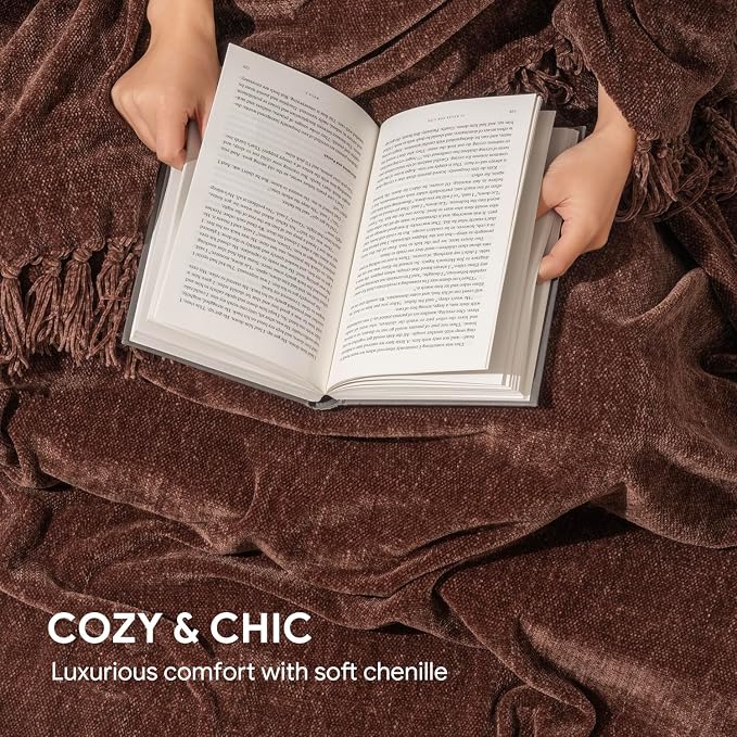RECYCO Chenille Throw Blanket for Couch, 60"x80", Brown | Super Soft Knit Throw Blanket with Fringe Tassels, Lightweight Knitted Throw, Cozy, Ideal for Sofa Chair Bed Living Room Gift