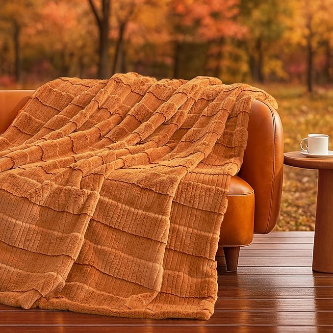 Luxury Striped Faux Fur Throw Blanket for Bed Queen Size, Soft Cozy Fuzzy Fluffy Plush Gift Blankets for Women, 88"x90", Brown