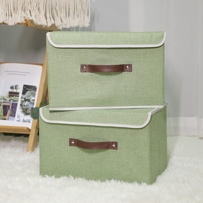 ANMINY Fabric Storage Box Bins with Lids, Green, 13"x9"x7.9", 2 Pack | Keepsake Memory Storage, Cotton Linen, PP Board Reinforced, Washable, PU Handles, Foldable & Stackable, Decorative, Medium