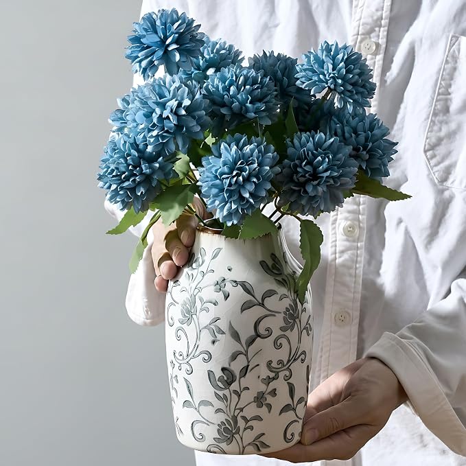 SIDUCAL Ceramic Vintage Vase, 7 Inch Retro Ice Cracked Chinoiserie Floral Vase, Rustic Farmhouse Vases for Home Decor, Bookshelf, Office, Garden, Chinoiserie Decor, Tuscan Decor, Gray Floral Pattern