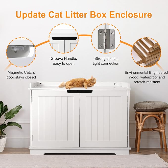 Pet Republic Hidden Cat Litter Box Enclosure Cat Litter Box Furniture Washroom House Table Nightstand (White)
