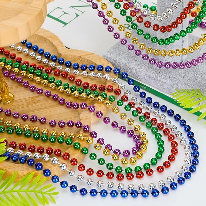 Mardi Gras Beads, 24PCS Metallic Colorful Bead Necklace Party Favors, 6 Kinds of 33" Beaded Necklace Costume Women Men Stuff, Festival Parade Throw Accessories for Wedding Birthday Celebrations