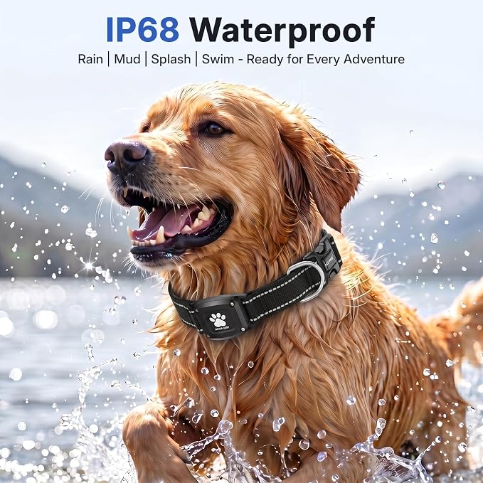 GPS Dog Collar with Tracker, Waterproof, No Monthly Fee, Black, L | Works with Apple Find My, iOS Only, MFi Certified, No SIM Card, for Large Dogs, Reflective Padded Nylon, Neck 16.5-23.5 in